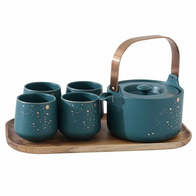 Nordic style outdoor manor tea set green gold rim 4 cups teapot porcelain coffee tea set with wood tray