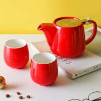 Wholesale cheap portable 2 pcs cups tea pot coffee ware red glazed porcelain tea set with stainless steel lid