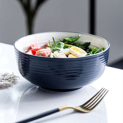 Nordic household embossed design solid color glazed round ceramic salad fruit bowl