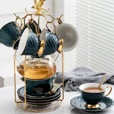 Fancy drinkware custom porcelain gold rim dark green embossed design ceramic tea & coffee sets with iron frame