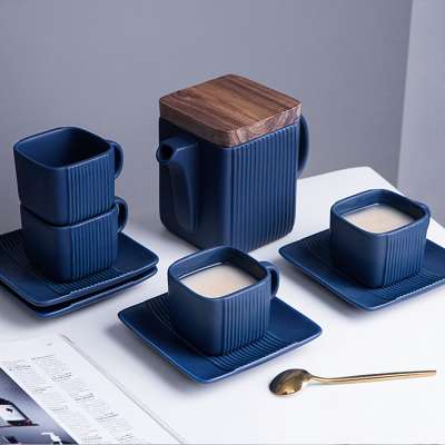 Japanese style elegant matte porcelain teapot with wood lid custom blue white ceramic coffee tea cup set