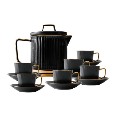 Italian style embossed gold rim design 6 cups teapot matte black porcelain coffee tea cup set